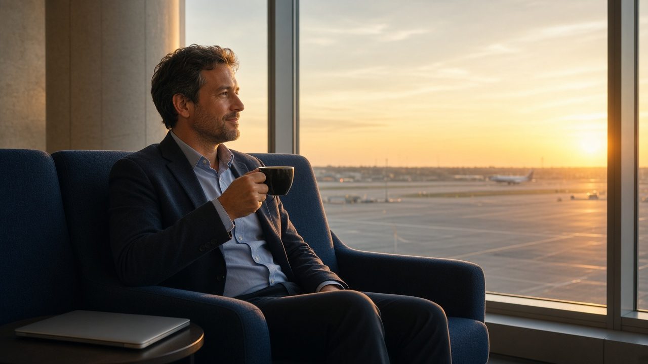 Travelers resting in a calm airport lounge